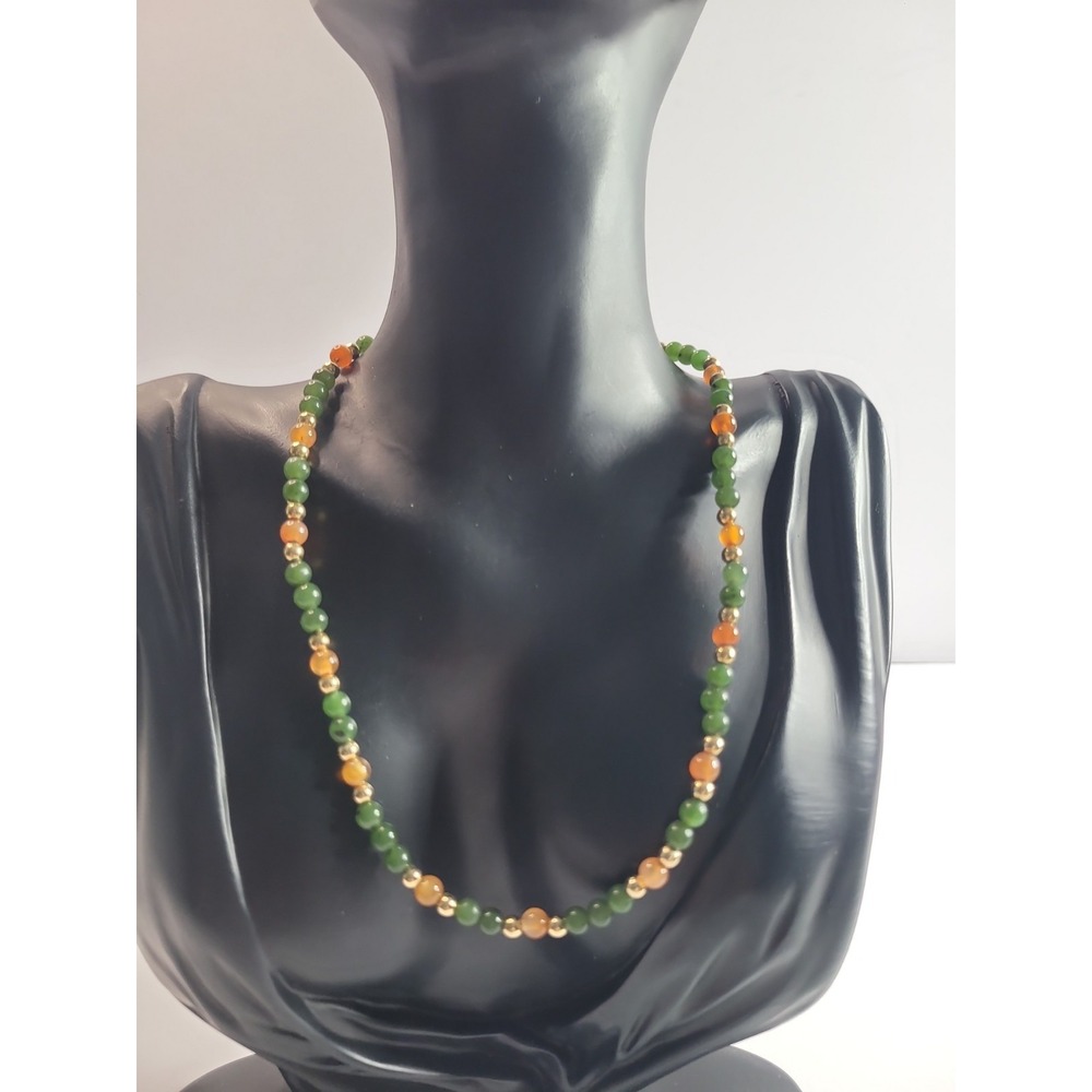 Green Orange Beaded Necklace Gold Tone Spacer Beads Barrel Clasp Vintage Style
